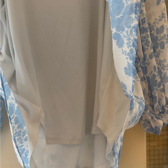 EUC LC Lauren Conrad Blue and White Asymmetrical Long Sleeve Blouse - Picture 4 of 8